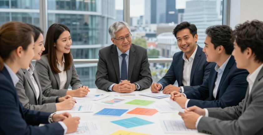 People collaborating around a table with charts, discussing charity jobs.