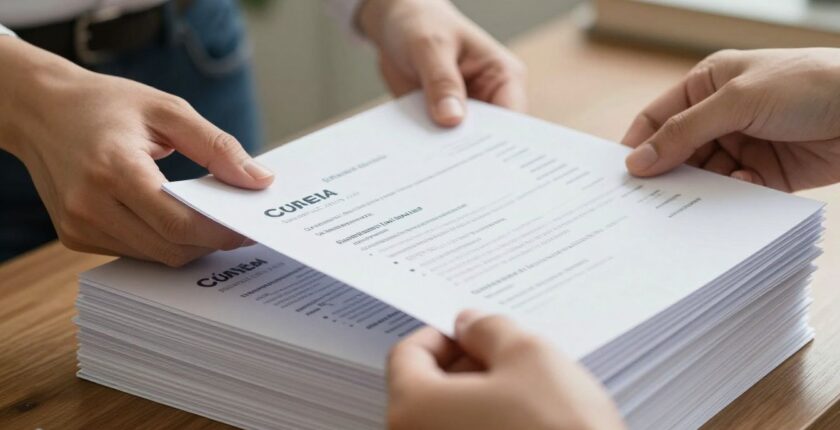 Hands arranging CVs, highlighting volunteer experience section.